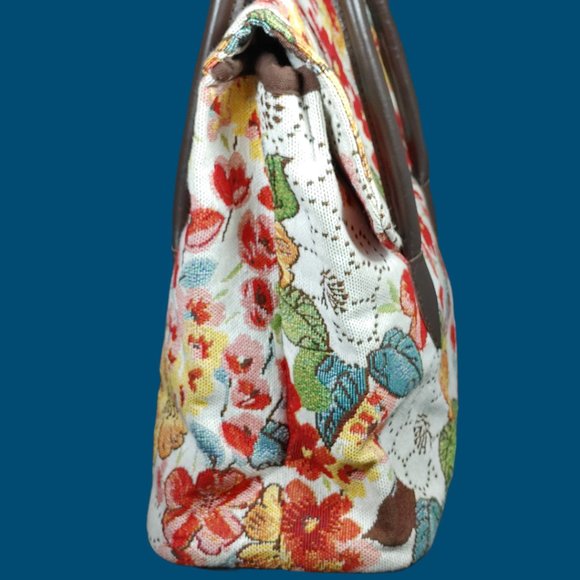 Sander Bags & More Vtg Red Floral Tapestry Tote Bag/Purse Brown Leather Handles - Picture 6 of 7